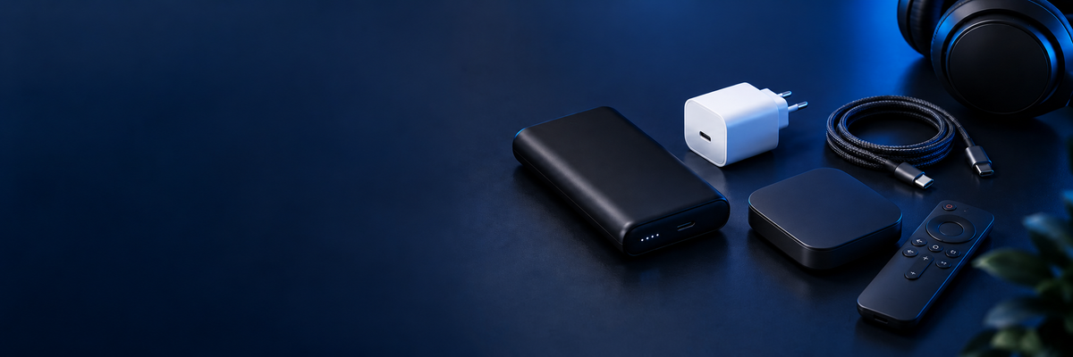 Powerbank, USB-C oplader, kabels, koptelefoon en Android TV Box op een donkerblauw bureau