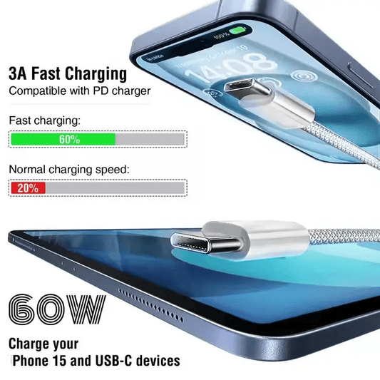 USB-C naar USB-C Kabel 60W – Gevlochten Snellaadkabel voor Opladen & Data - Samen K&R